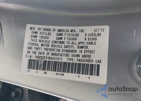 2013 Honda Accord Sport from USA, damaged, VIN 1HGCR2F54DA241613